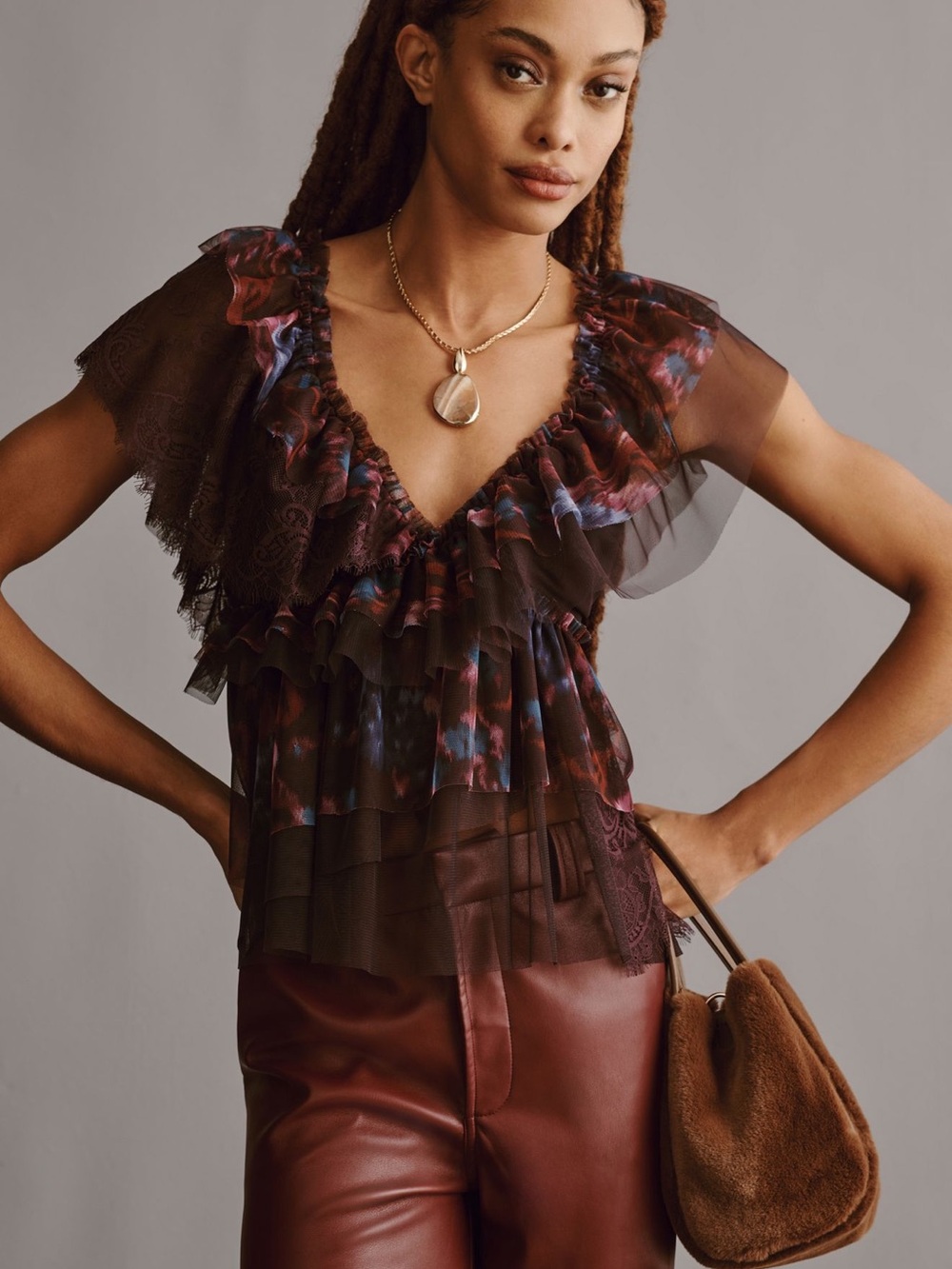 Anthropologie Brown Sheer Ruffled Floral-Accent Blouse